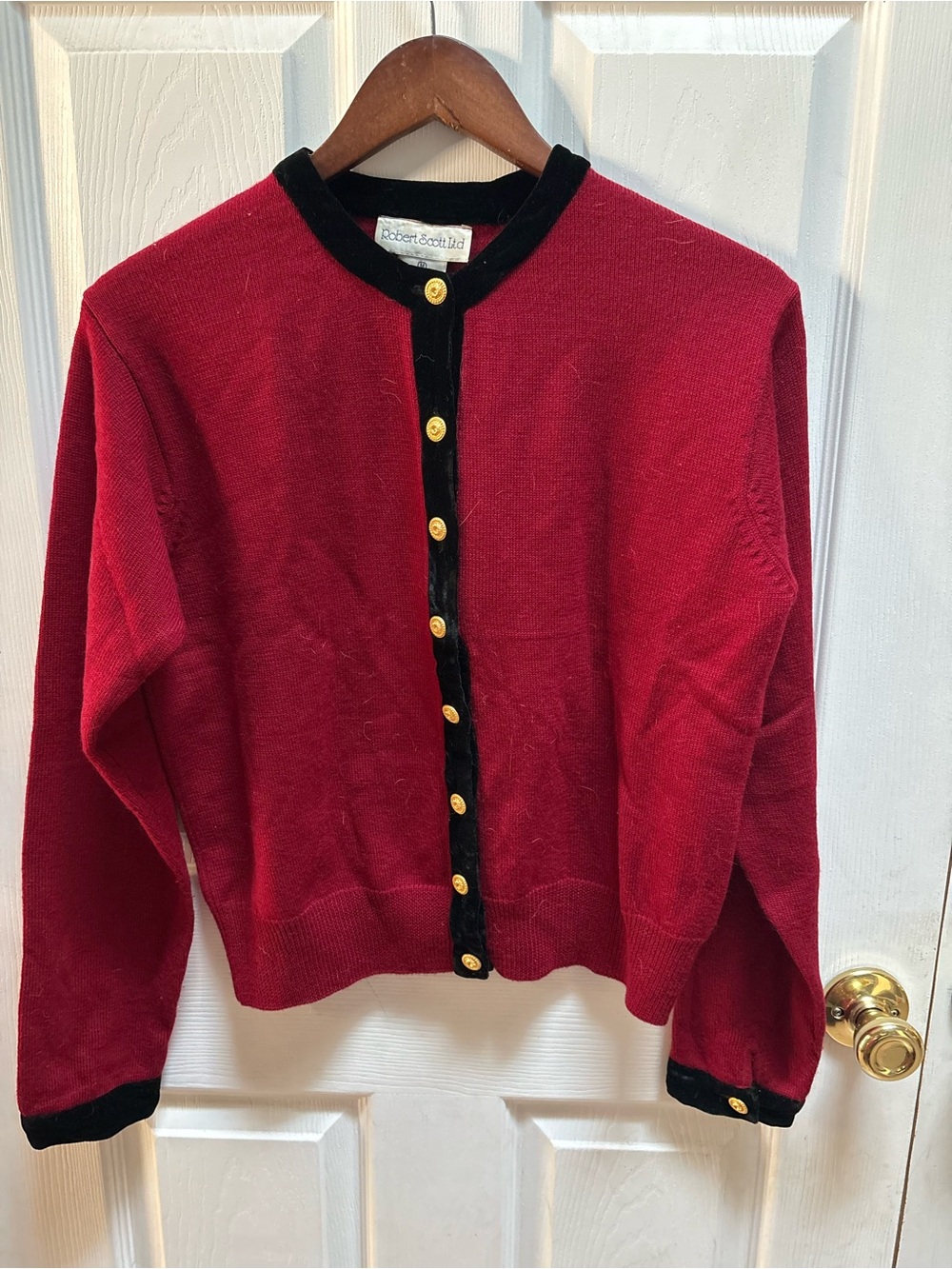Robert Scott Red Velvet-Trim Button Cardigan